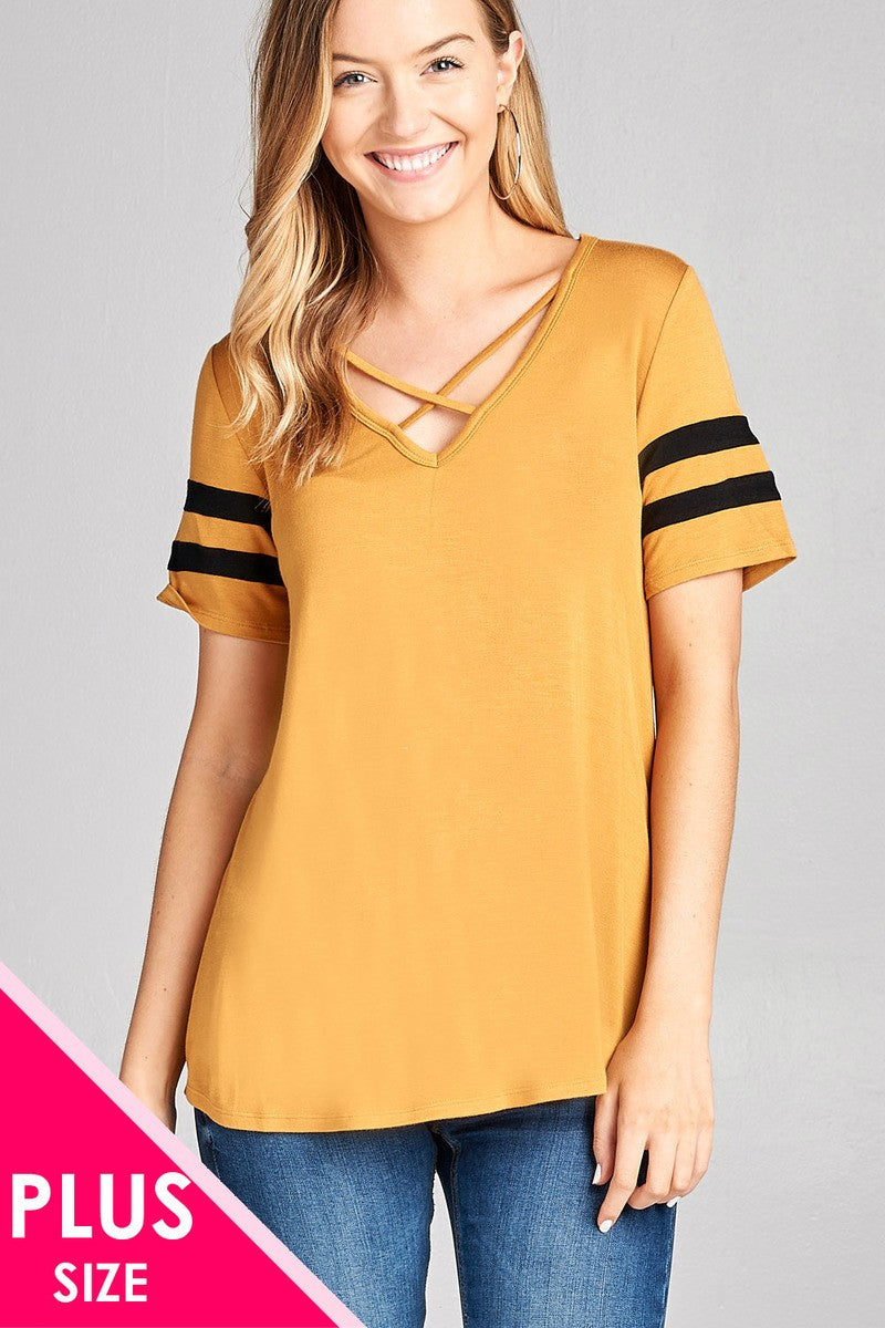 Ladies fashion plus size short sleeve double stripe v-neck w/cross strap rayon spandex top