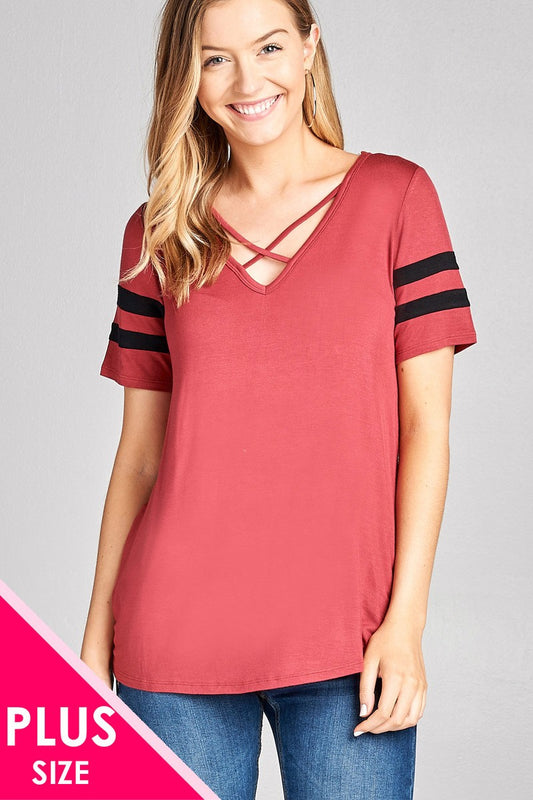 Ladies fashion plus size short sleeve double stripe v-neck w/cross strap rayon spandex top