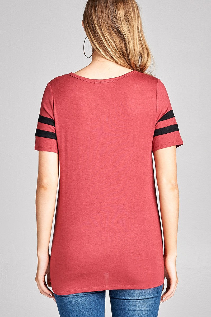 Ladies fashion plus size short sleeve double stripe v-neck w/cross strap rayon spandex top