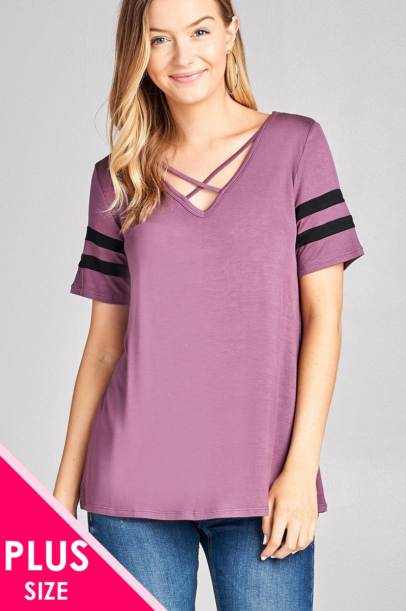 Ladies fashion plus size short sleeve double stripe v-neck w/cross strap rayon spandex top