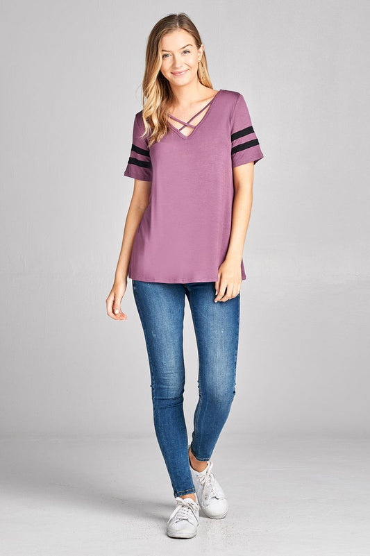 Ladies fashion plus size short sleeve double stripe v-neck w/cross strap rayon spandex top