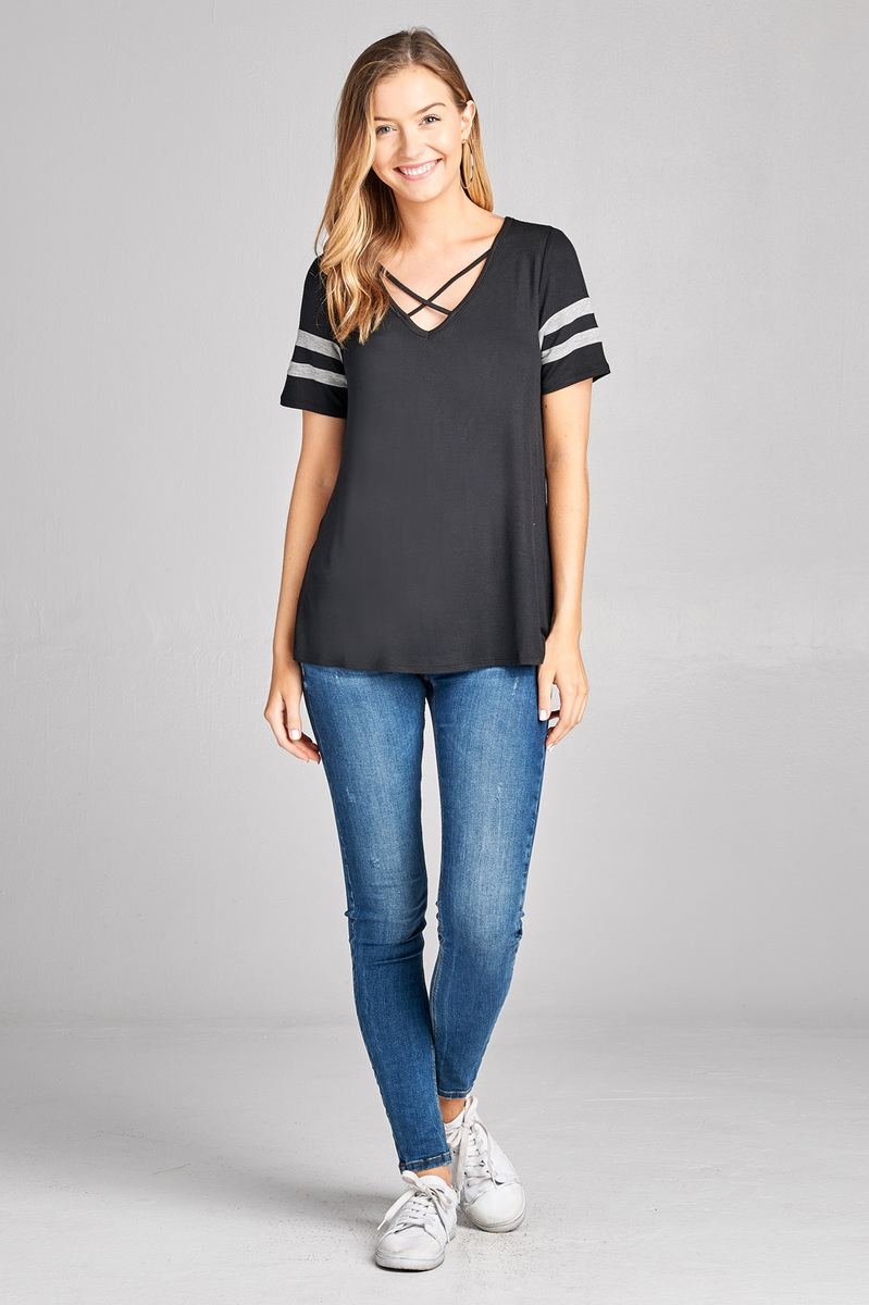 Ladies fashion plus size short sleeve double stripe v-neck w/cross strap rayon spandex top