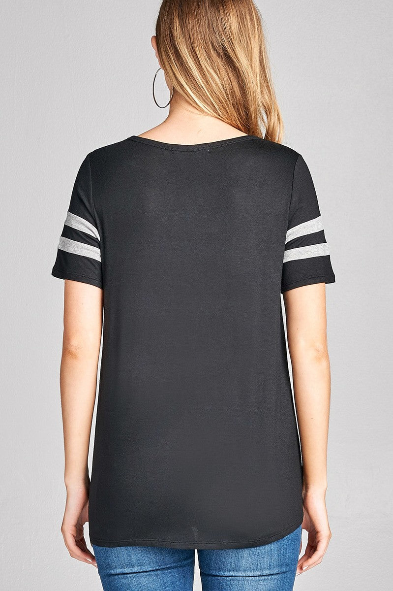 Ladies fashion plus size short sleeve double stripe v-neck w/cross strap rayon spandex top
