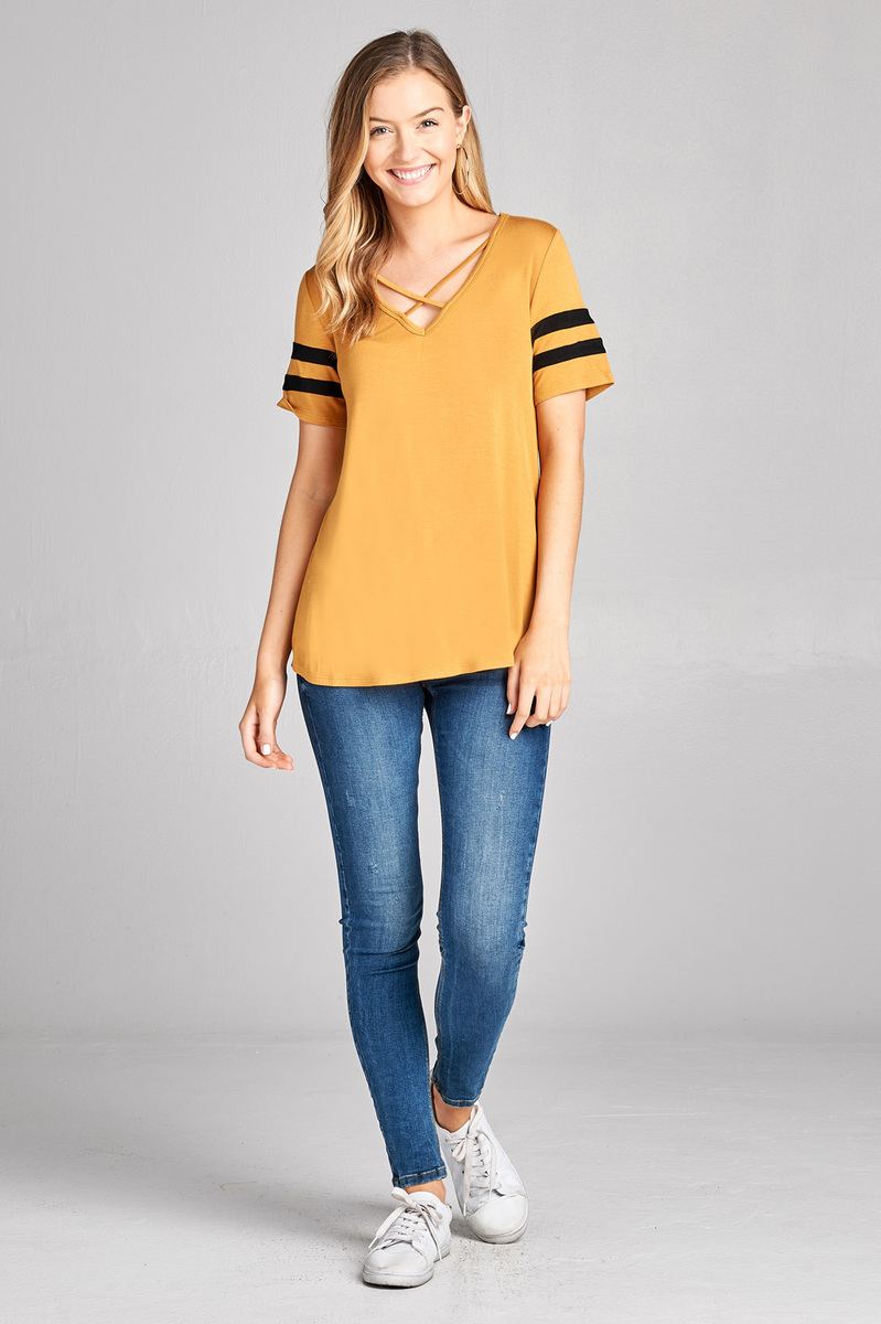 Ladies fashion plus size short sleeve double stripe v-neck w/cross strap rayon spandex top