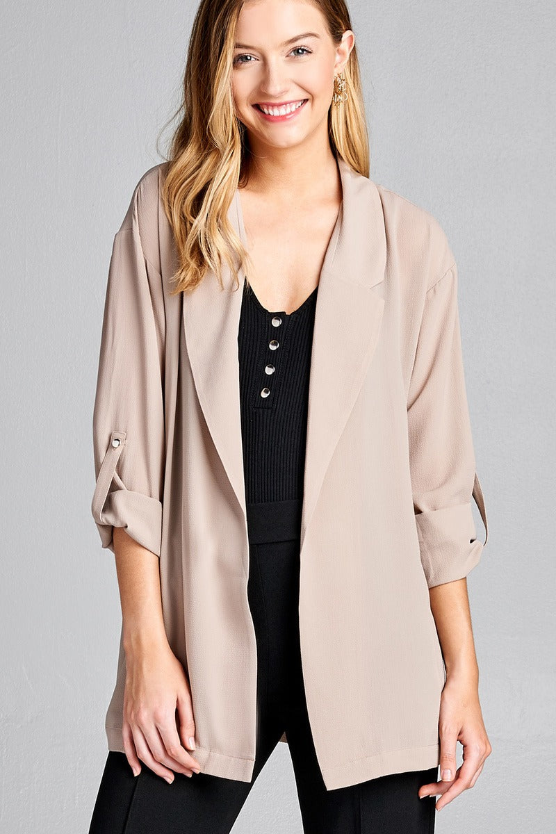Ladies fashion 3/4 roll up sleeve open front woven jacket