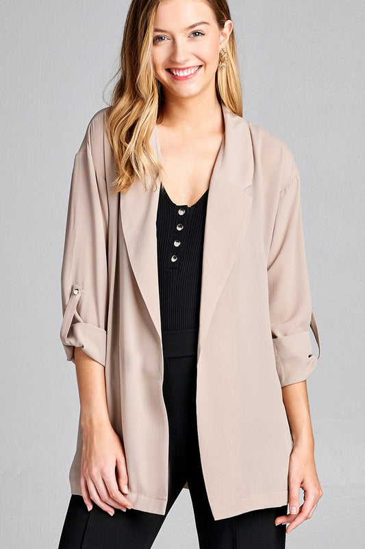 Ladies fashion 3/4 roll up sleeve open front woven jacket