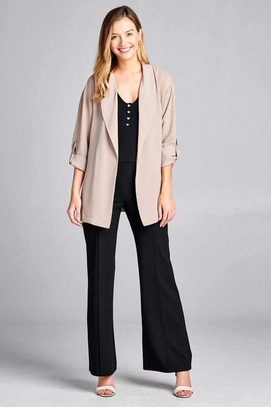 Ladies fashion 3/4 roll up sleeve open front woven jacket