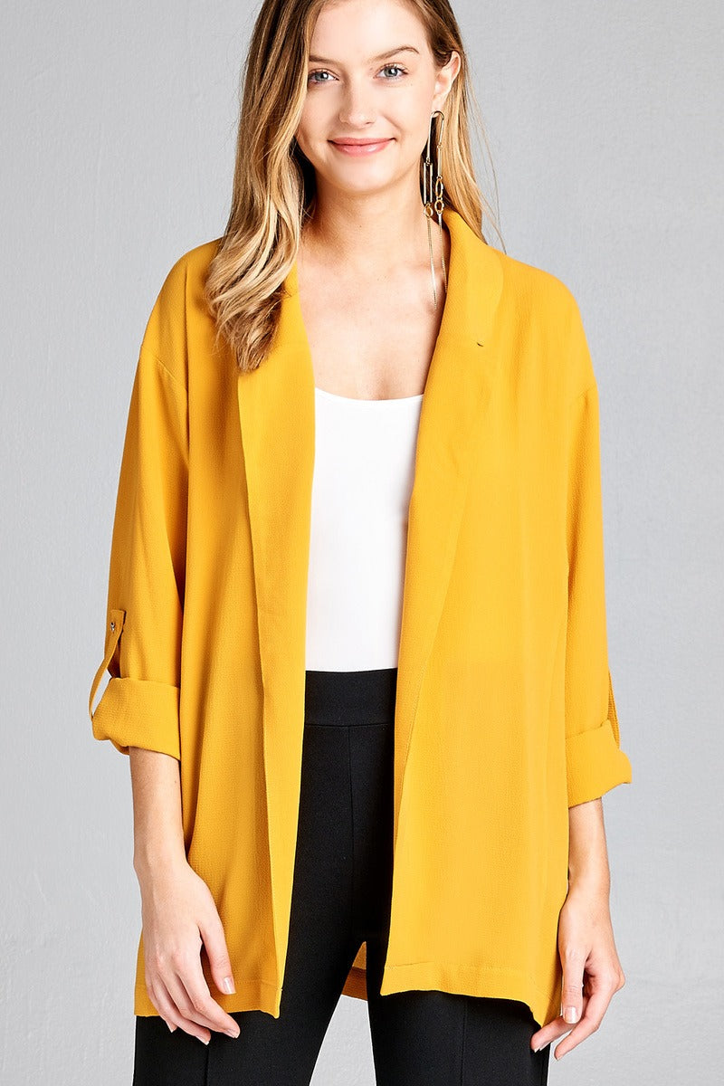 Ladies fashion 3/4 roll up sleeve open front woven jacket