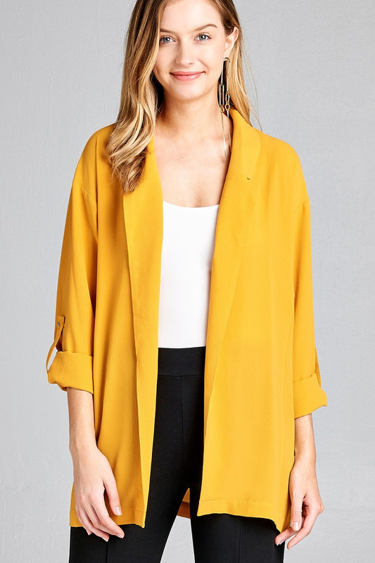 Ladies fashion 3/4 roll up sleeve open front woven jacket