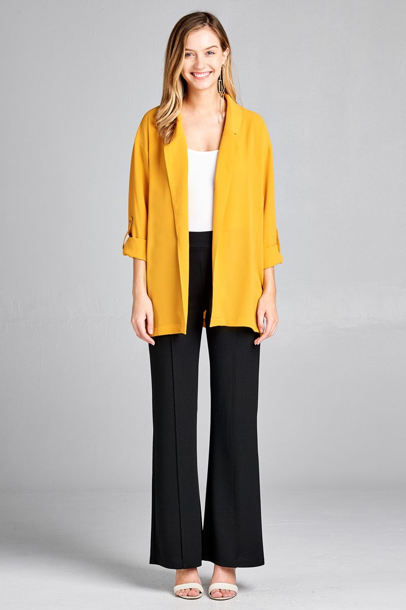 Ladies fashion 3/4 roll up sleeve open front woven jacket