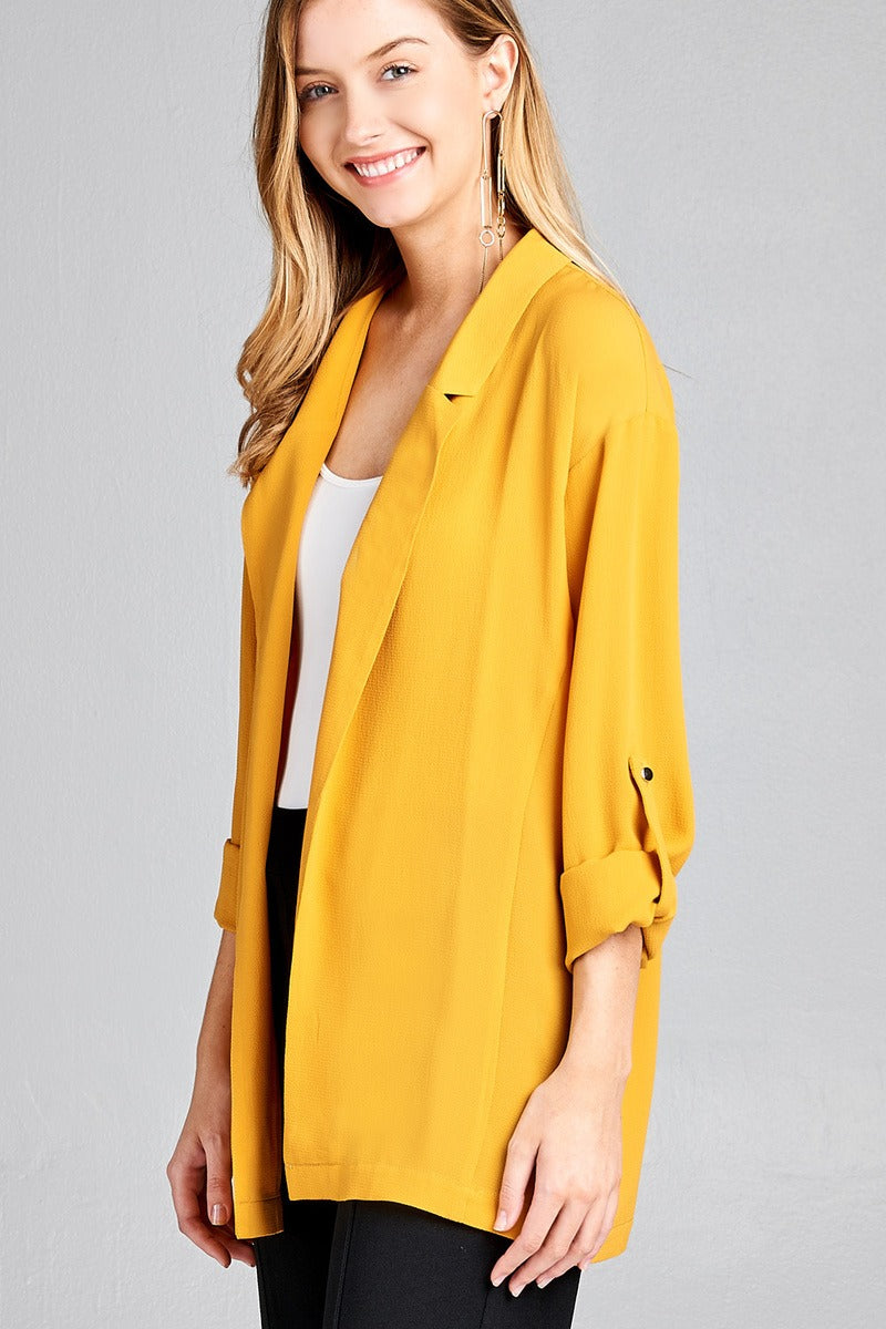 Ladies fashion 3/4 roll up sleeve open front woven jacket