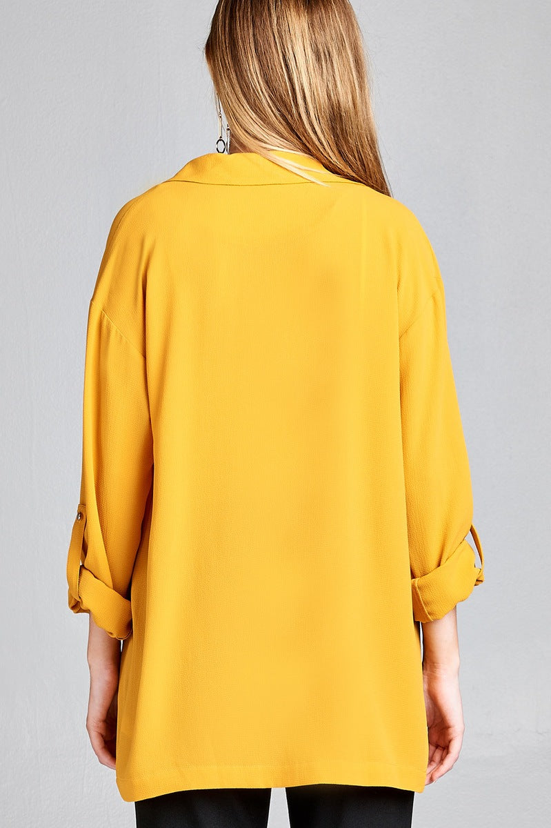 Ladies fashion 3/4 roll up sleeve open front woven jacket