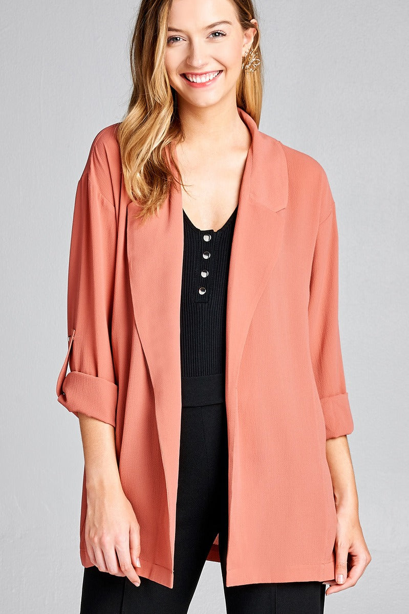 Ladies fashion 3/4 roll up sleeve open front woven jacket