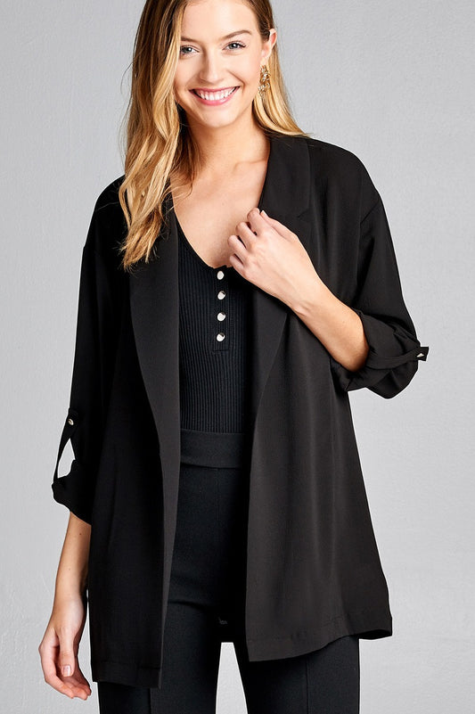 Ladies fashion 3/4 roll up sleeve open front woven jacket
