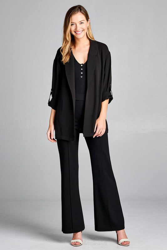 Ladies fashion 3/4 roll up sleeve open front woven jacket
