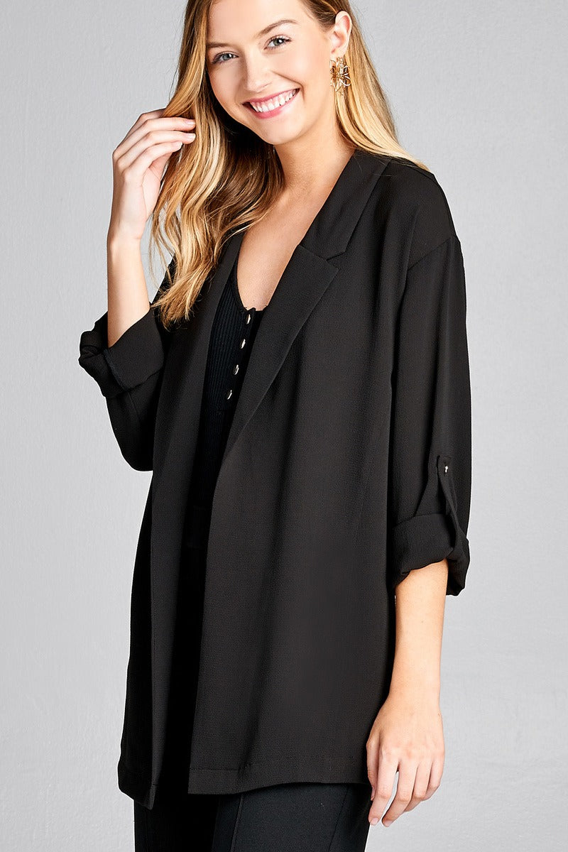 Ladies fashion 3/4 roll up sleeve open front woven jacket