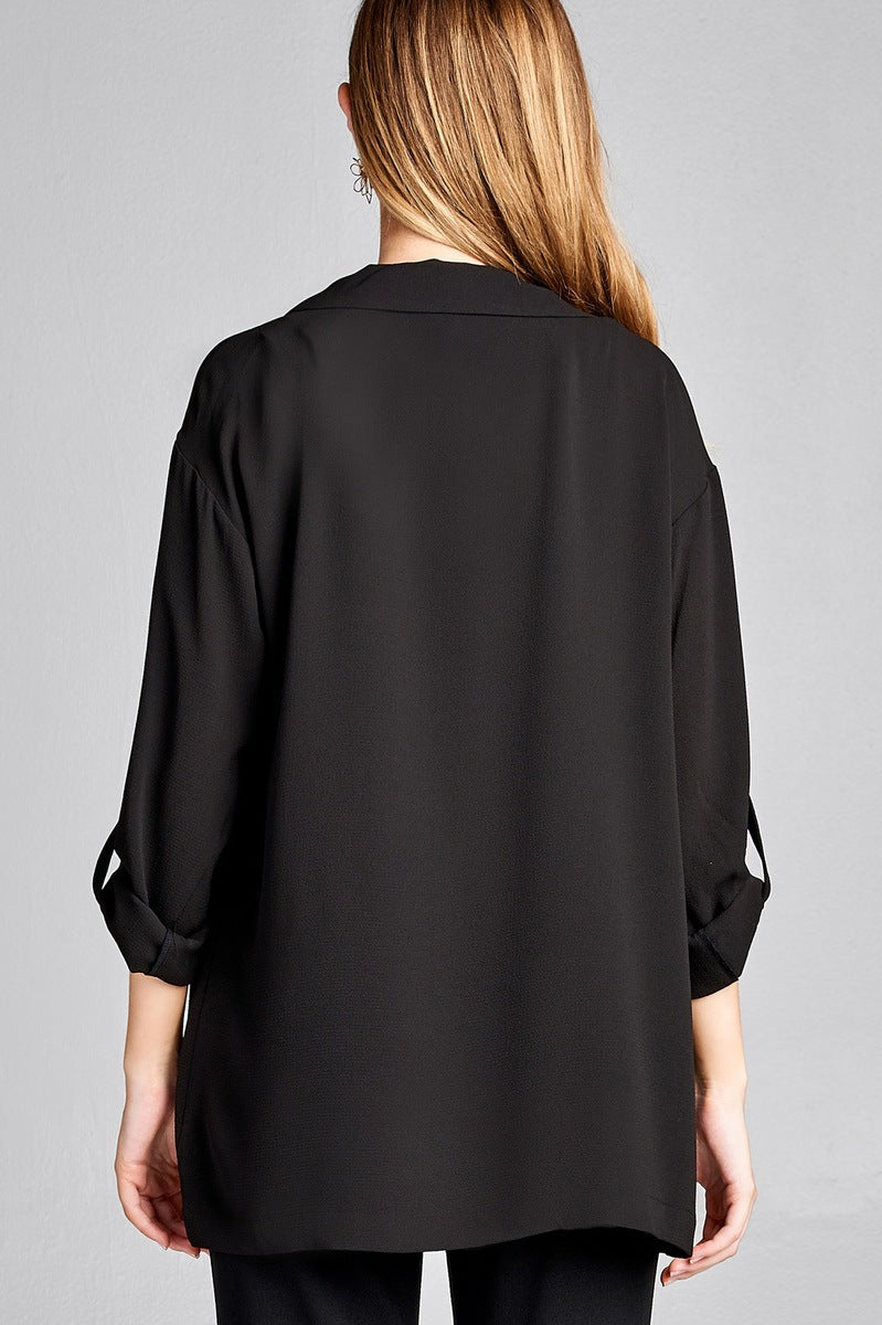 Ladies fashion 3/4 roll up sleeve open front woven jacket
