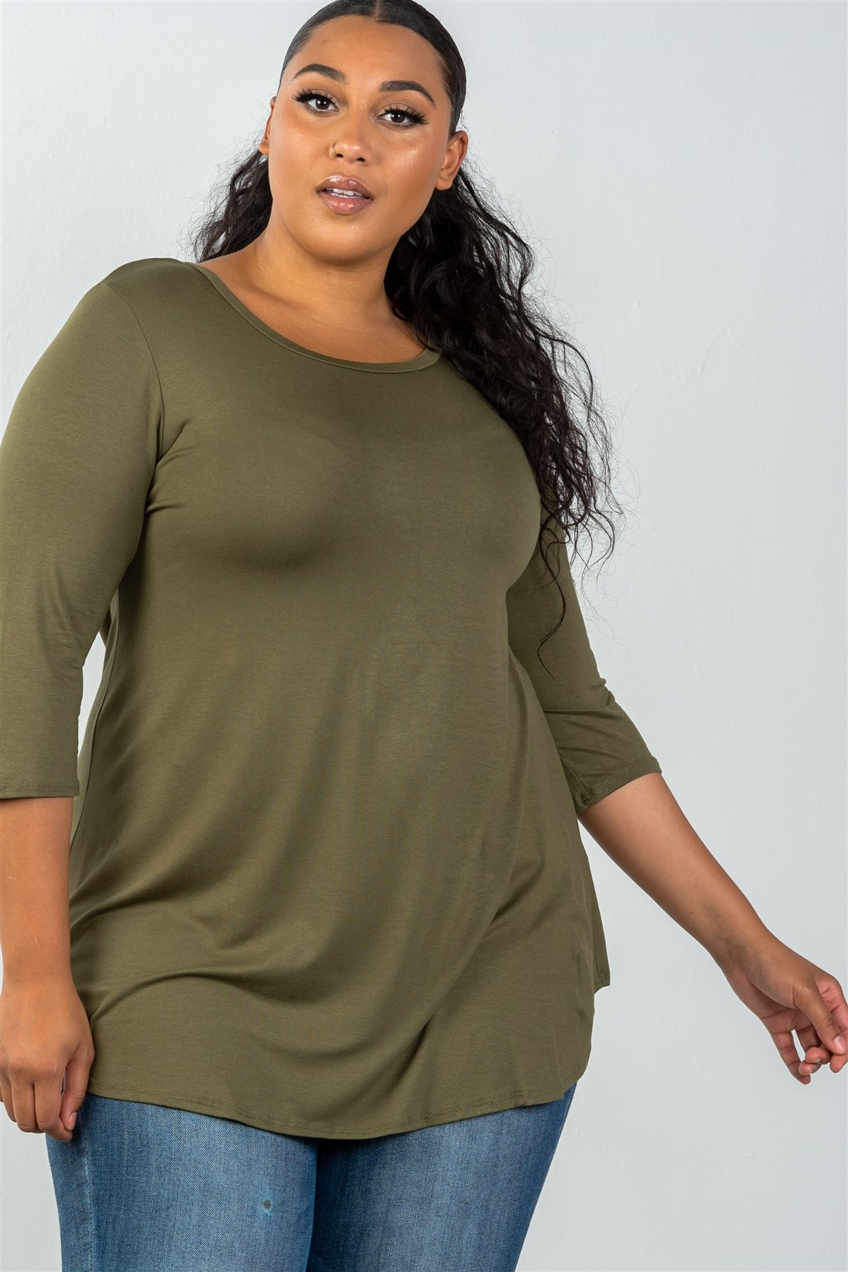 Ladies fashion plus size 3/4 sleeve olive solid scoop neck top