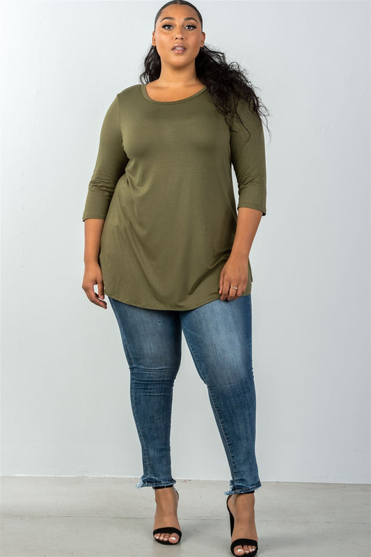 Ladies fashion plus size 3/4 sleeve olive solid scoop neck top
