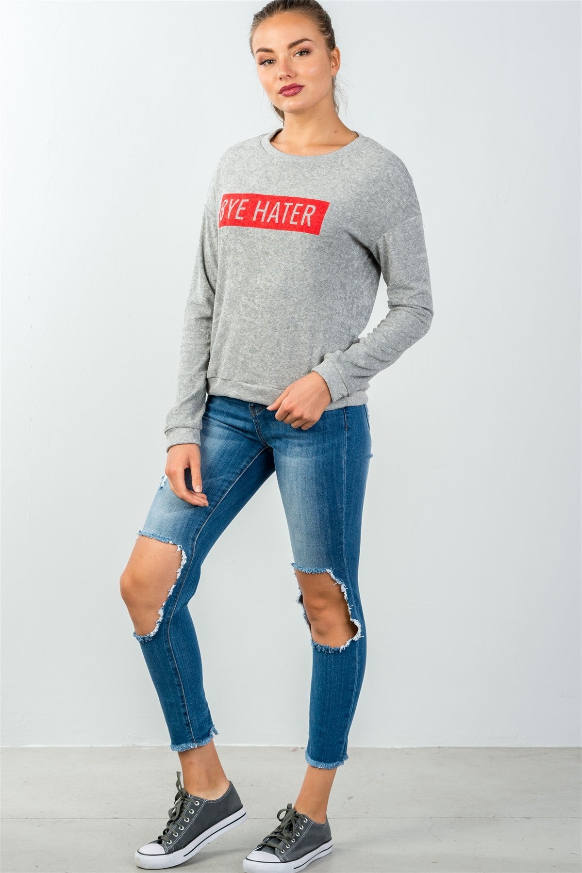 Ladies fashion crew neckline grey bye hater graphic sweatshirt