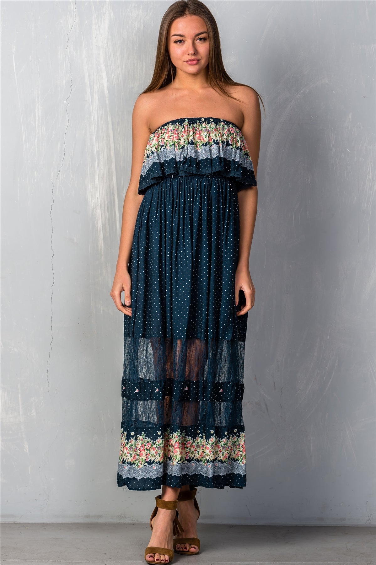 Ladies fashion polka dot w/ floral print navy flounce maxi boho dress