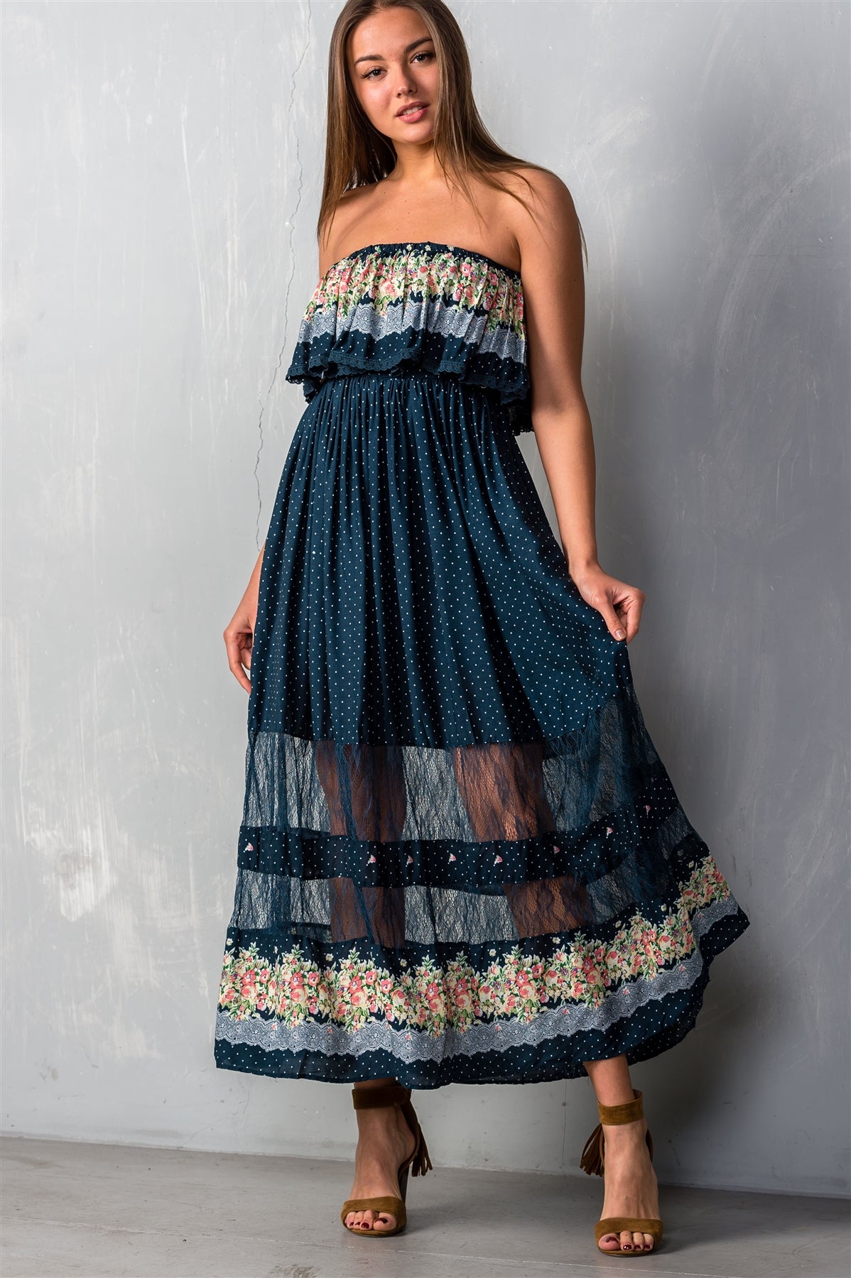 Ladies fashion polka dot w/ floral print navy flounce maxi boho dress