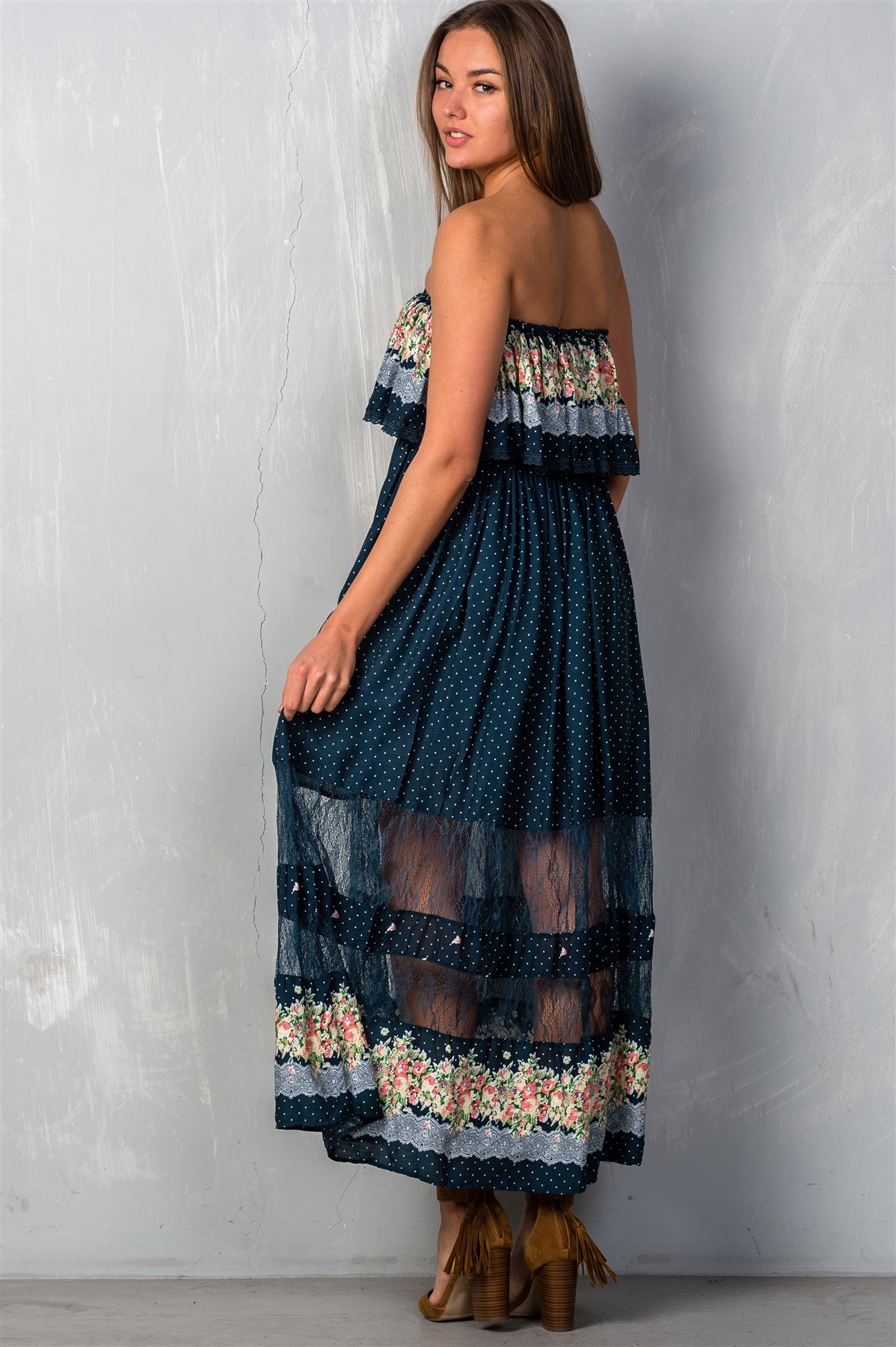 Ladies fashion polka dot w/ floral print navy flounce maxi boho dress