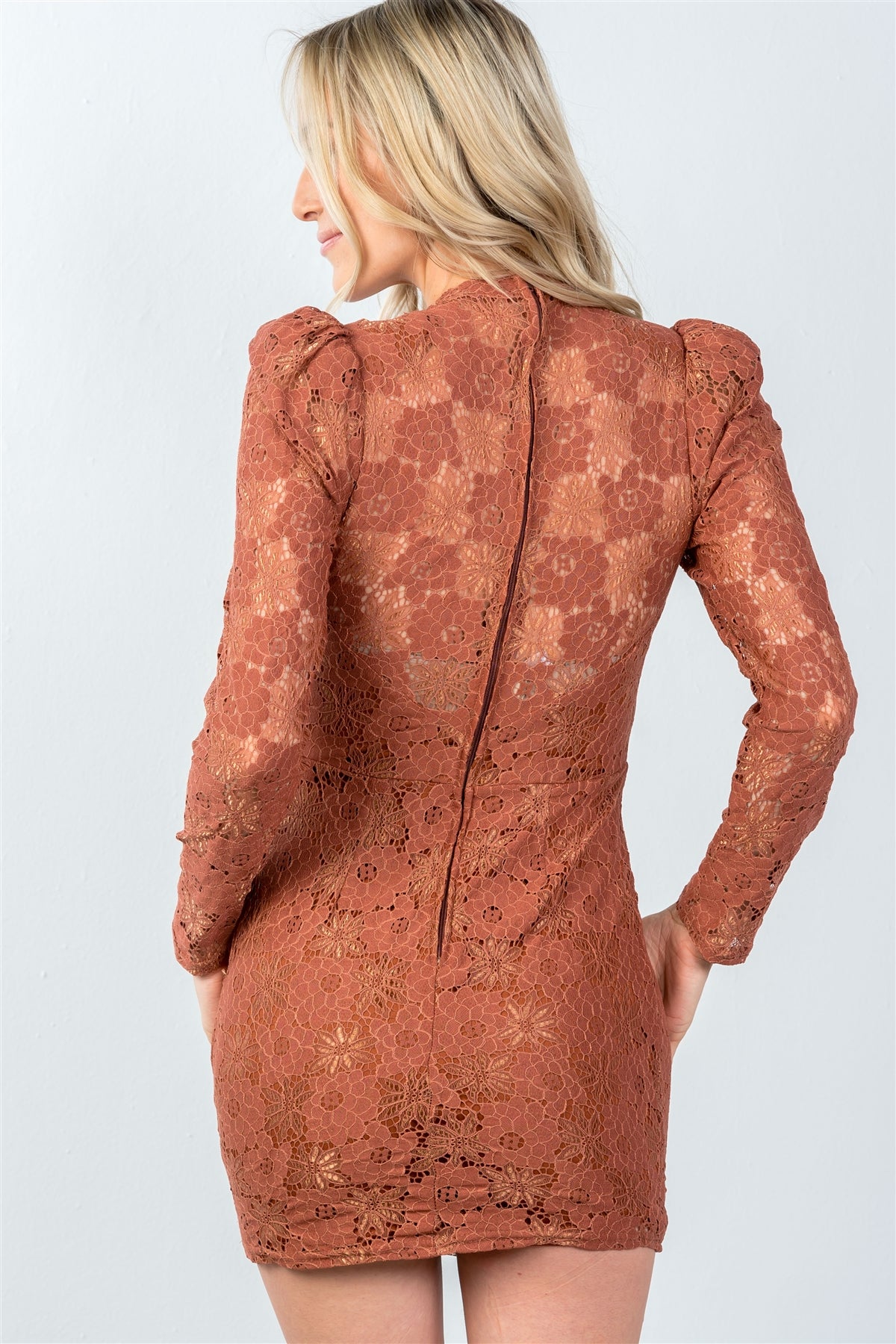 Ladies fashion toffee all floral lace gathered shoulder mini dress