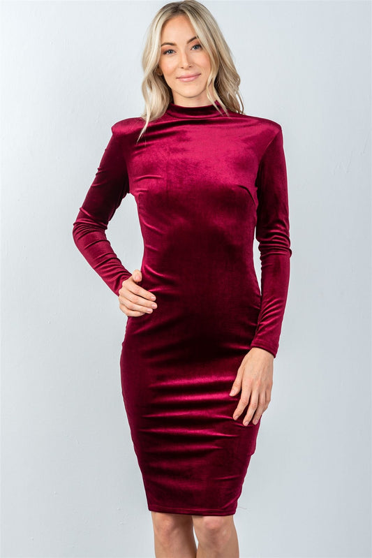 Ladies fashion long sleeve velvet burgundy key hole back midi dress