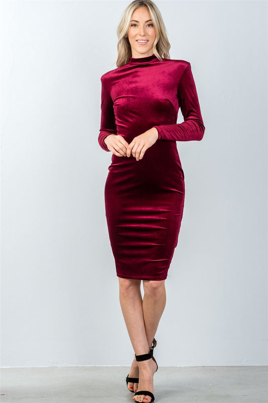 Ladies fashion long sleeve velvet burgundy key hole back midi dress