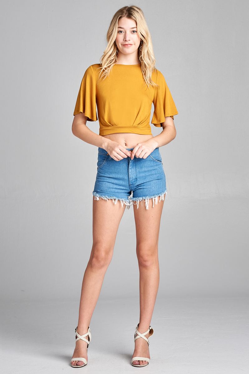 Ladies fashion short bell sleeve round neck wrap w/bow tie rayon spandex crepe knit top