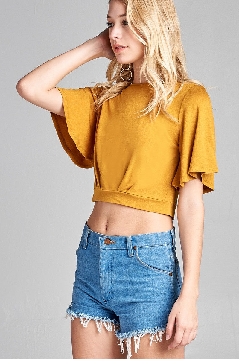 Ladies fashion short bell sleeve round neck wrap w/bow tie rayon spandex crepe knit top