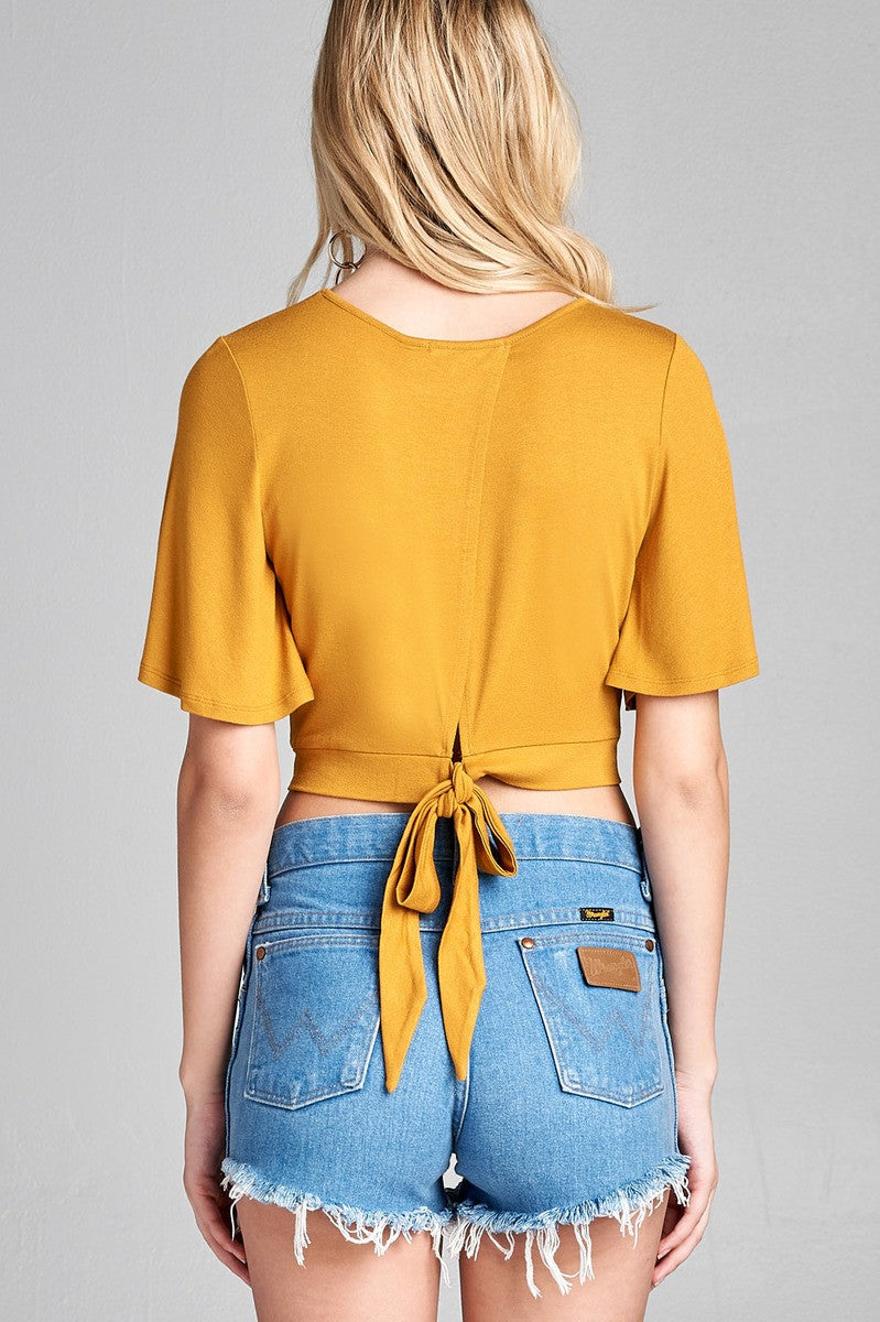 Ladies fashion short bell sleeve round neck wrap w/bow tie rayon spandex crepe knit top