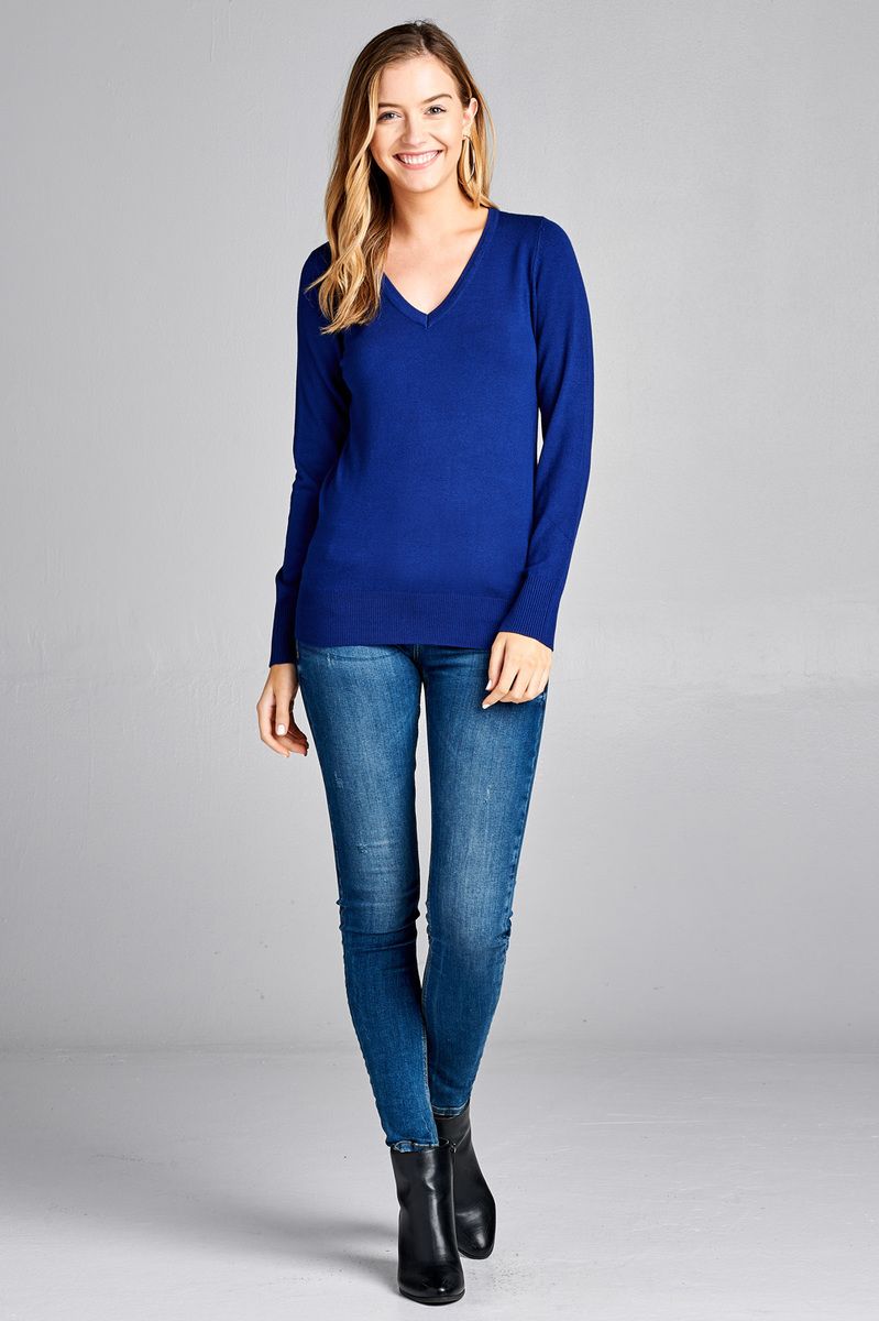 Ladies fashion long sleeve v-neck classic sweater