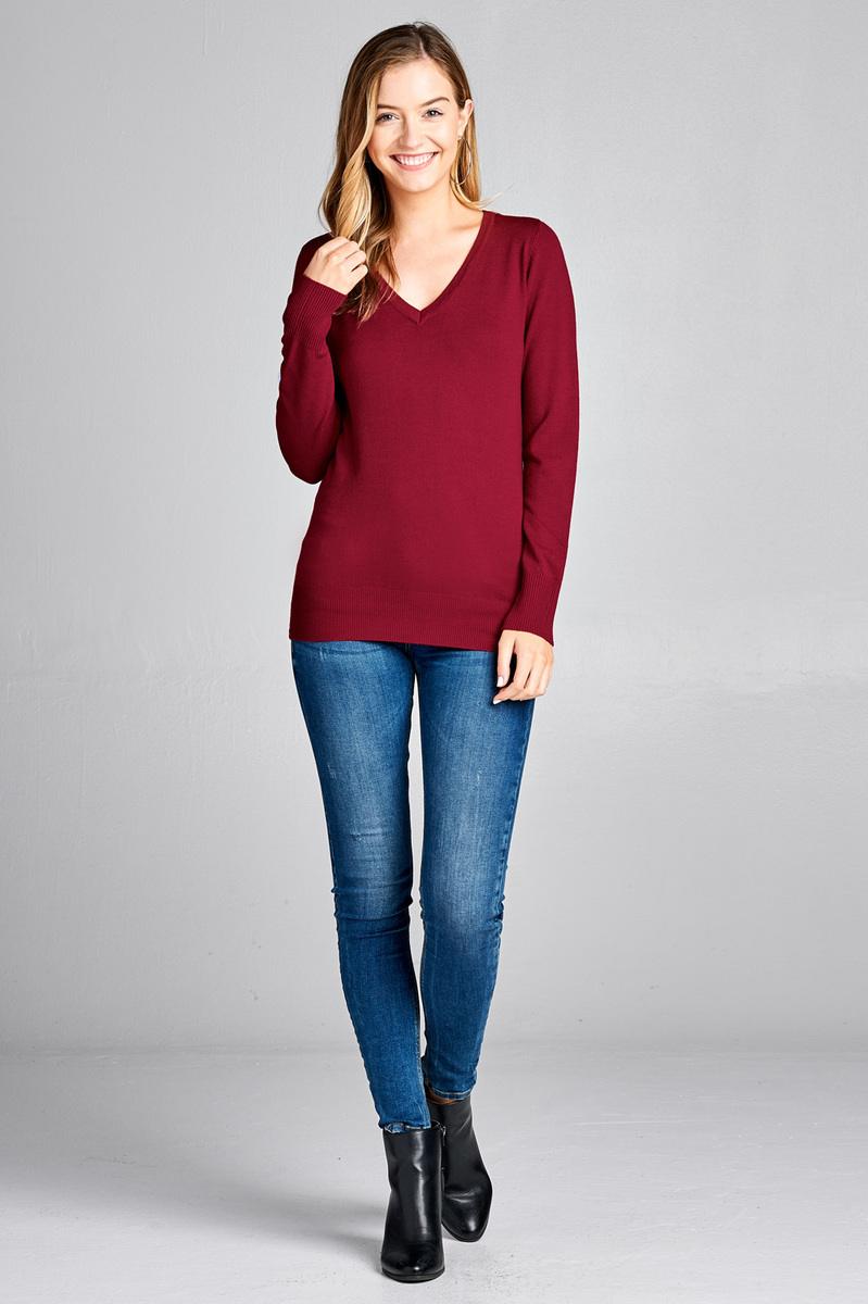 Ladies fashion long sleeve v-neck classic sweater