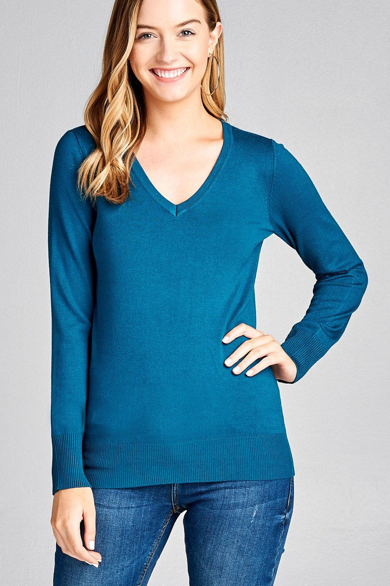 Ladies fashion long sleeve v-neck classic sweater