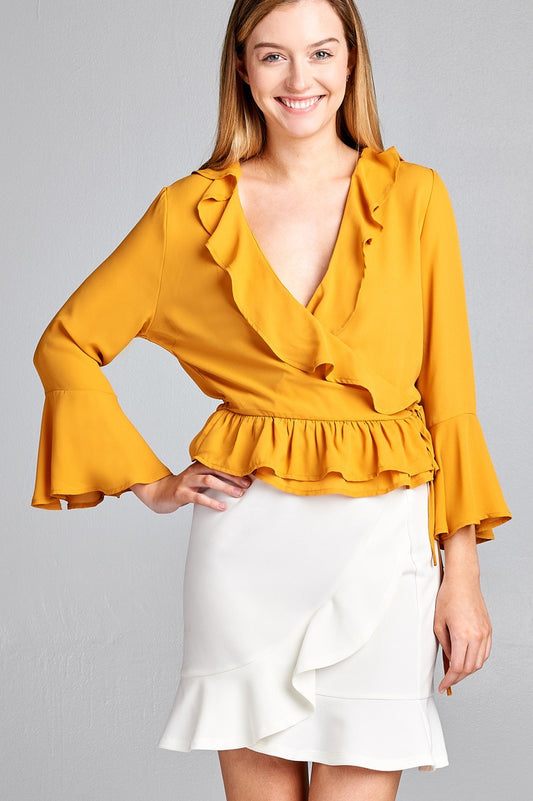 Ladies fashion 3/4 bell sleeve wrap w/ruffle side tie closure flare bottom wool dobby woven top
