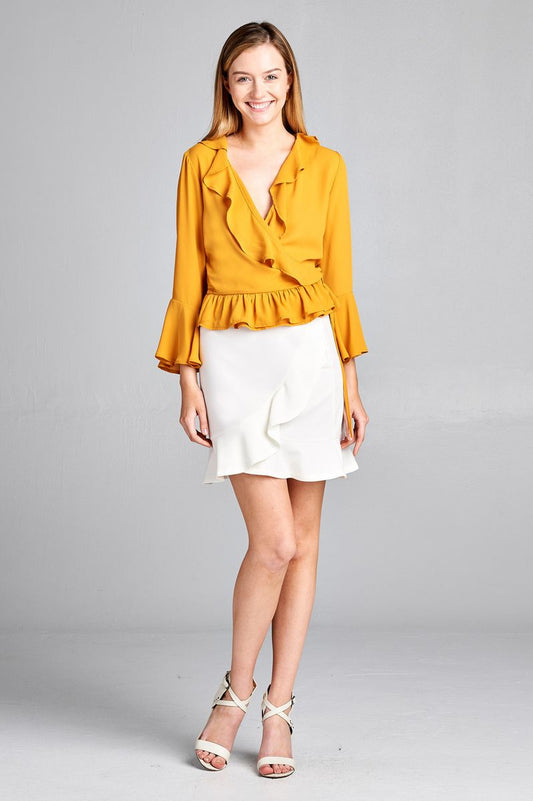 Ladies fashion 3/4 bell sleeve wrap w/ruffle side tie closure flare bottom wool dobby woven top