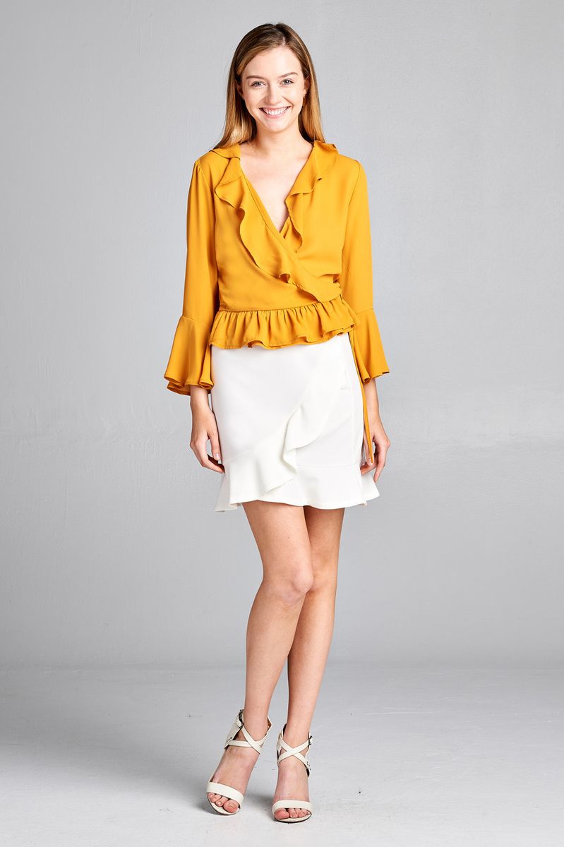Ladies fashion 3/4 bell sleeve wrap w/ruffle side tie closure flare bottom wool dobby woven top