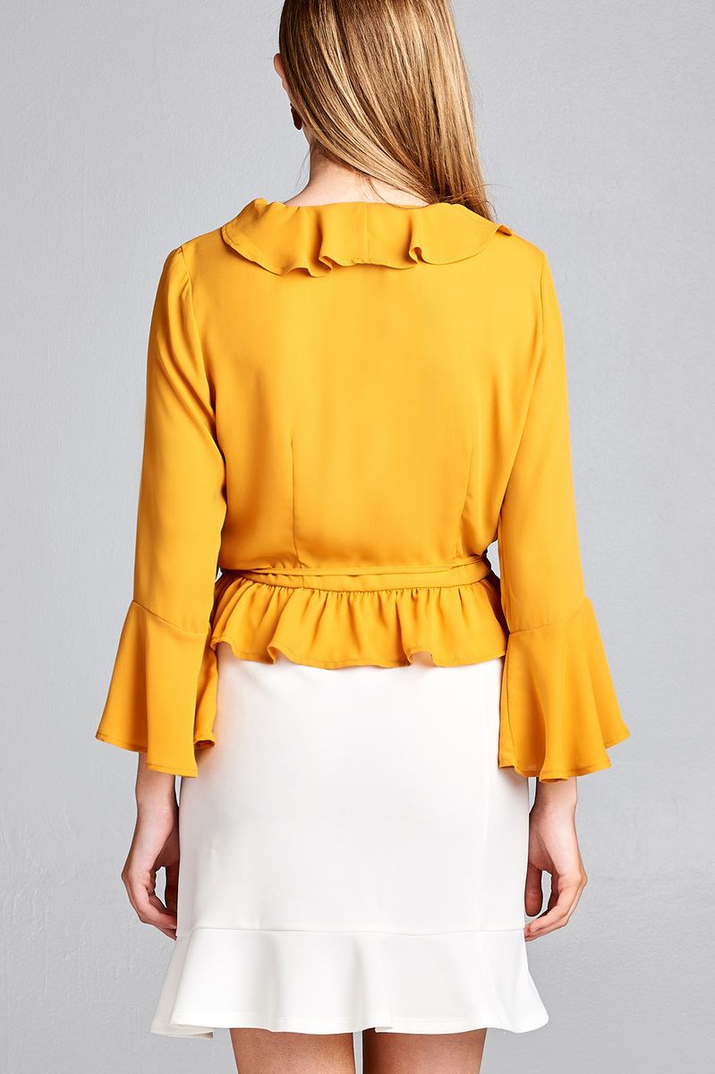 Ladies fashion 3/4 bell sleeve wrap w/ruffle side tie closure flare bottom wool dobby woven top