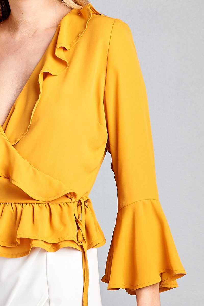 Ladies fashion 3/4 bell sleeve wrap w/ruffle side tie closure flare bottom wool dobby woven top