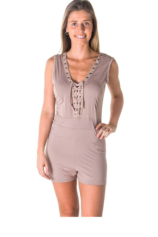 Ladies fashion casual lace up v neck knit romper shorts