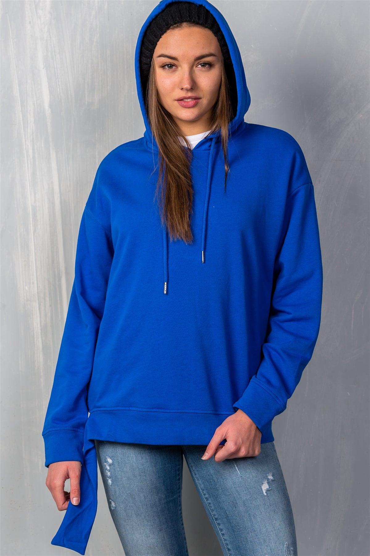 Ladies fashion uneven hem graphic "venice" pullover hoodie
