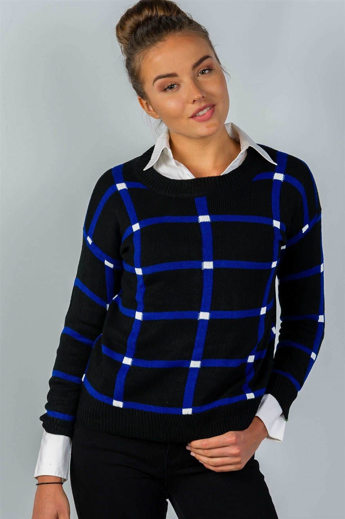 Ladies fashion pullover square print sweater