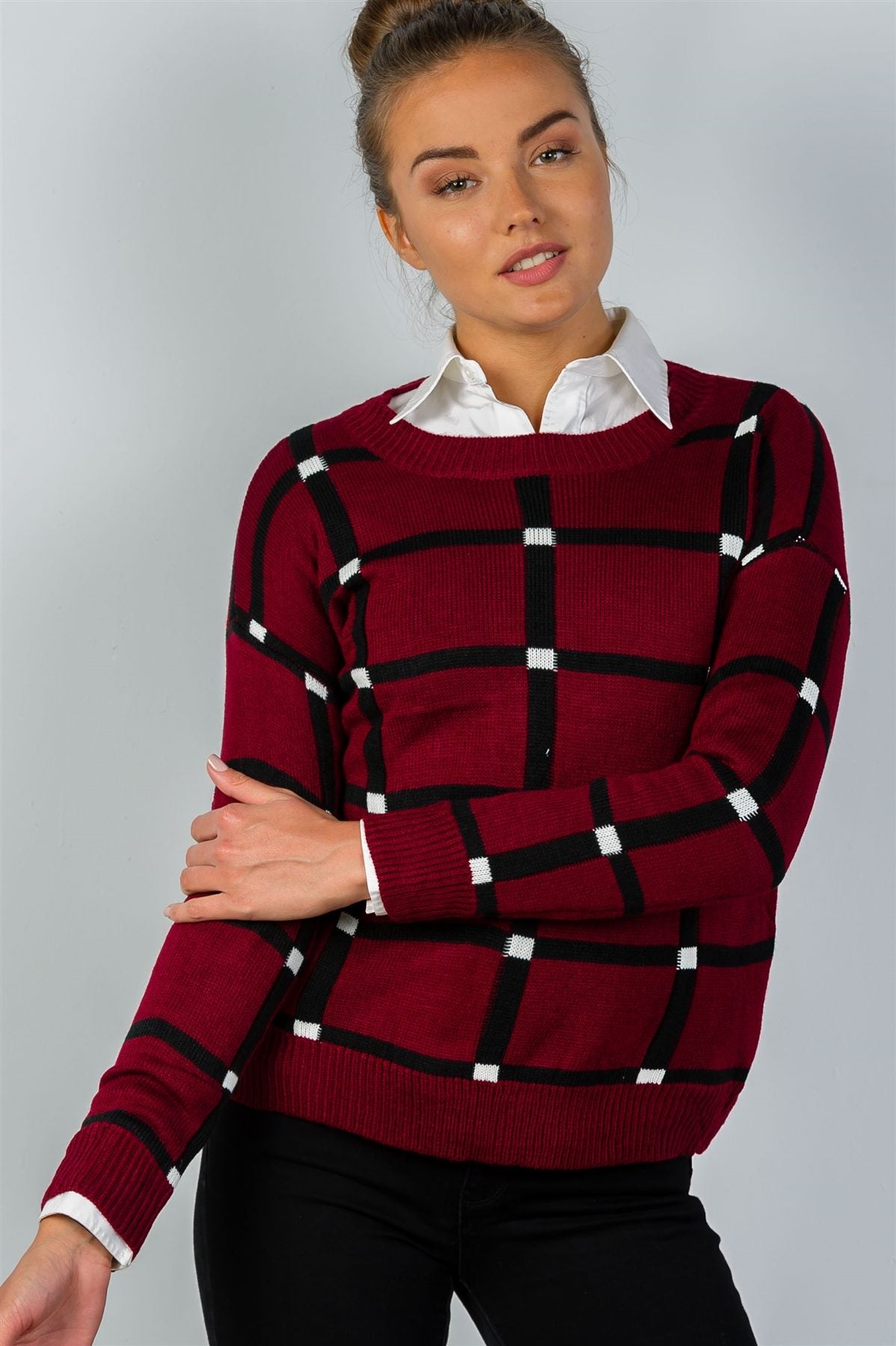 Ladies fashion pullover square print sweater