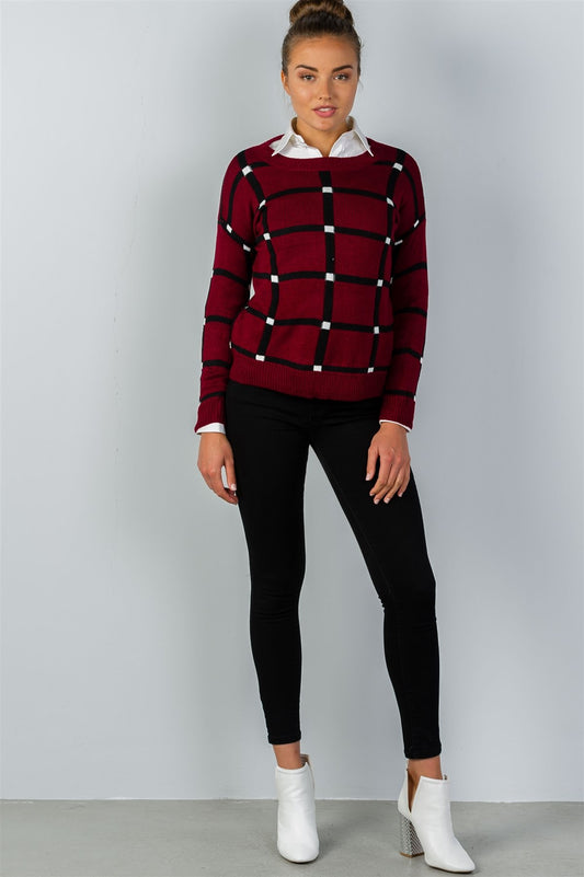 Ladies fashion pullover square print sweater