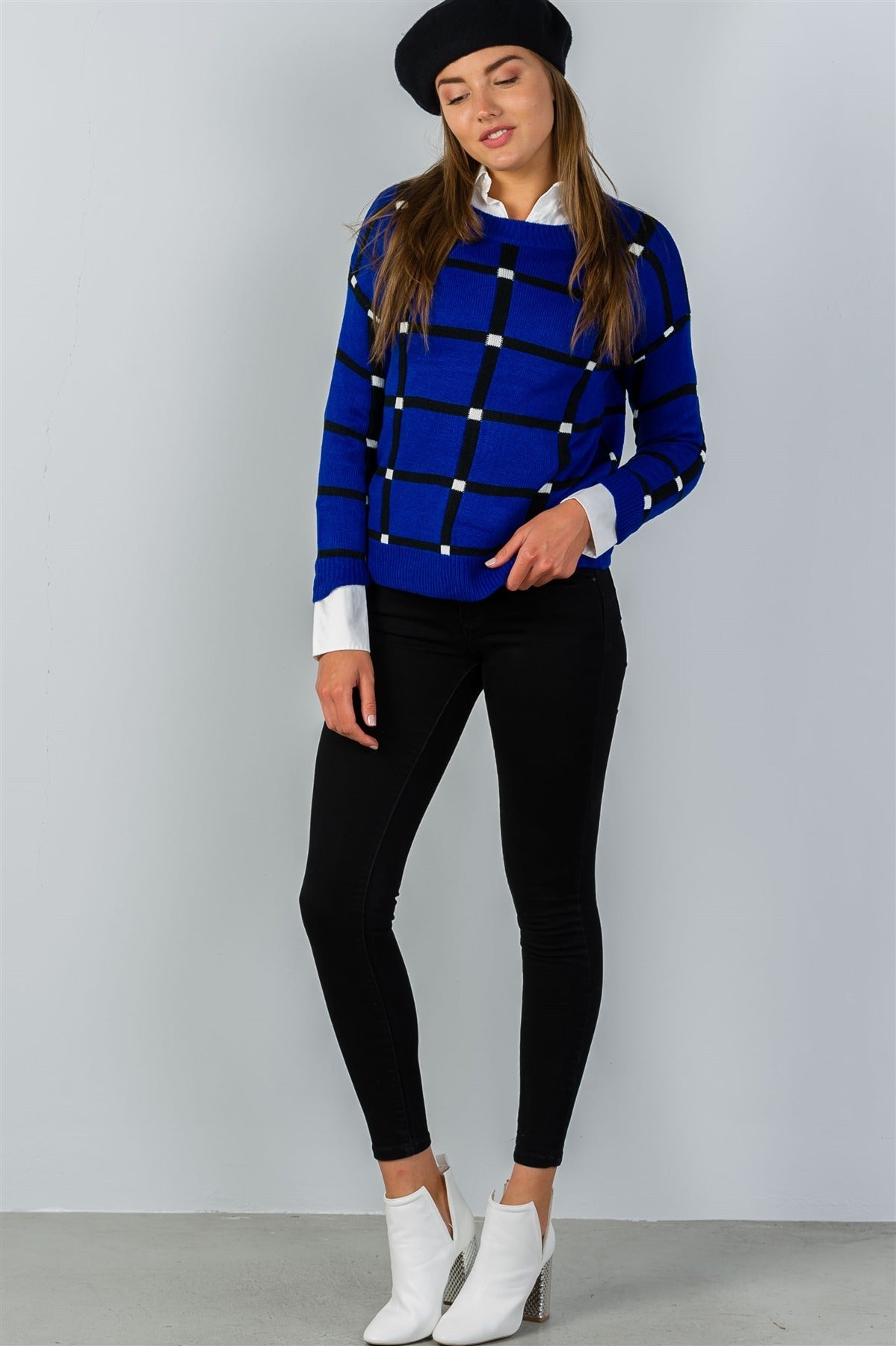 Ladies fashion pullover square print sweater