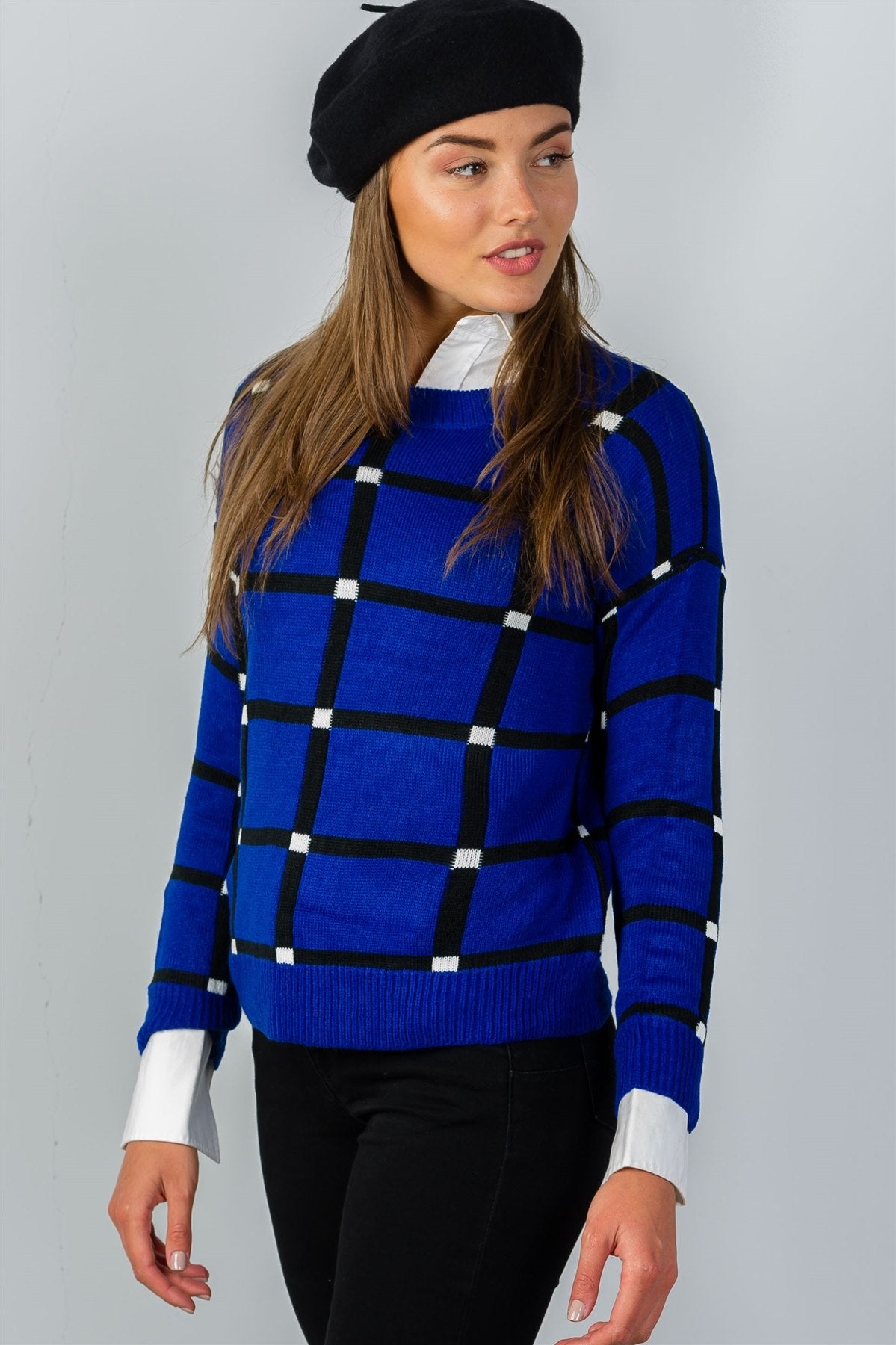 Ladies fashion pullover square print sweater