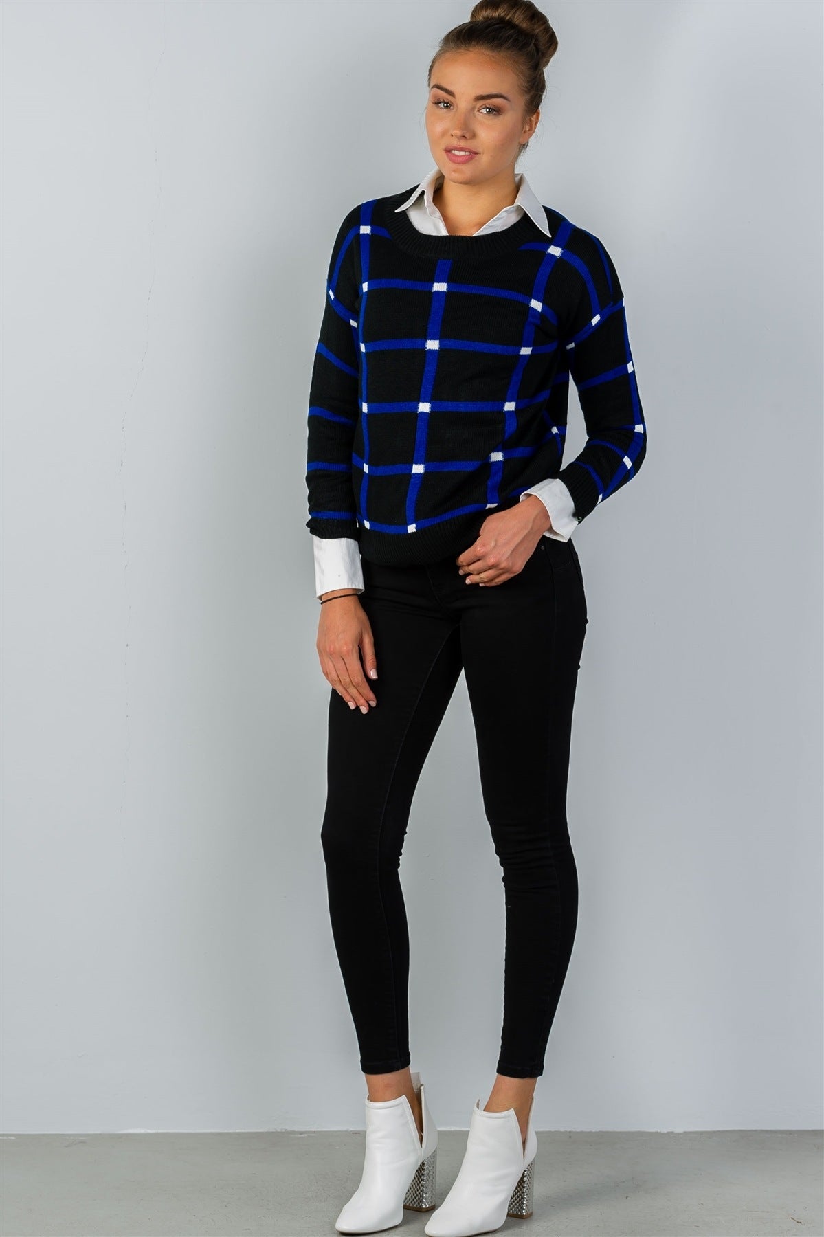 Ladies fashion pullover square print sweater