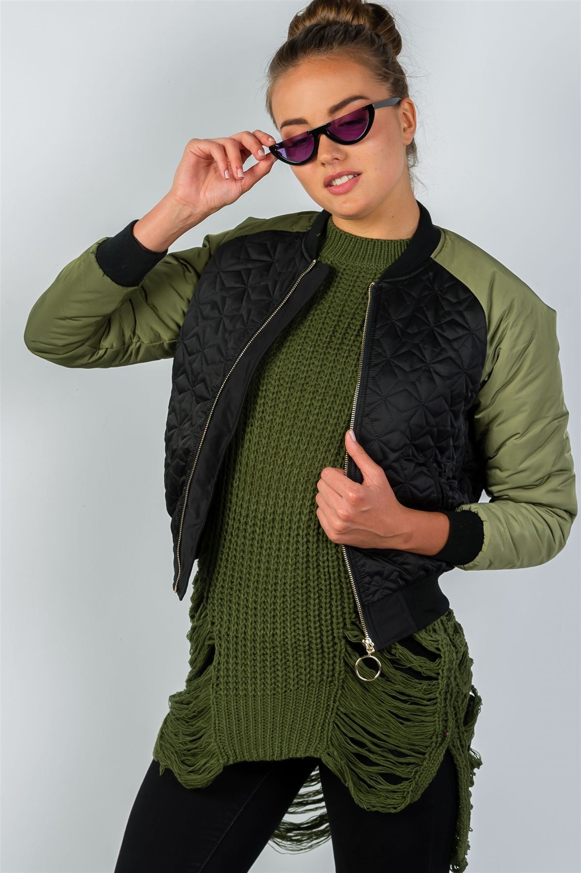 Ladies fashion black & olive quilted bomber jacket